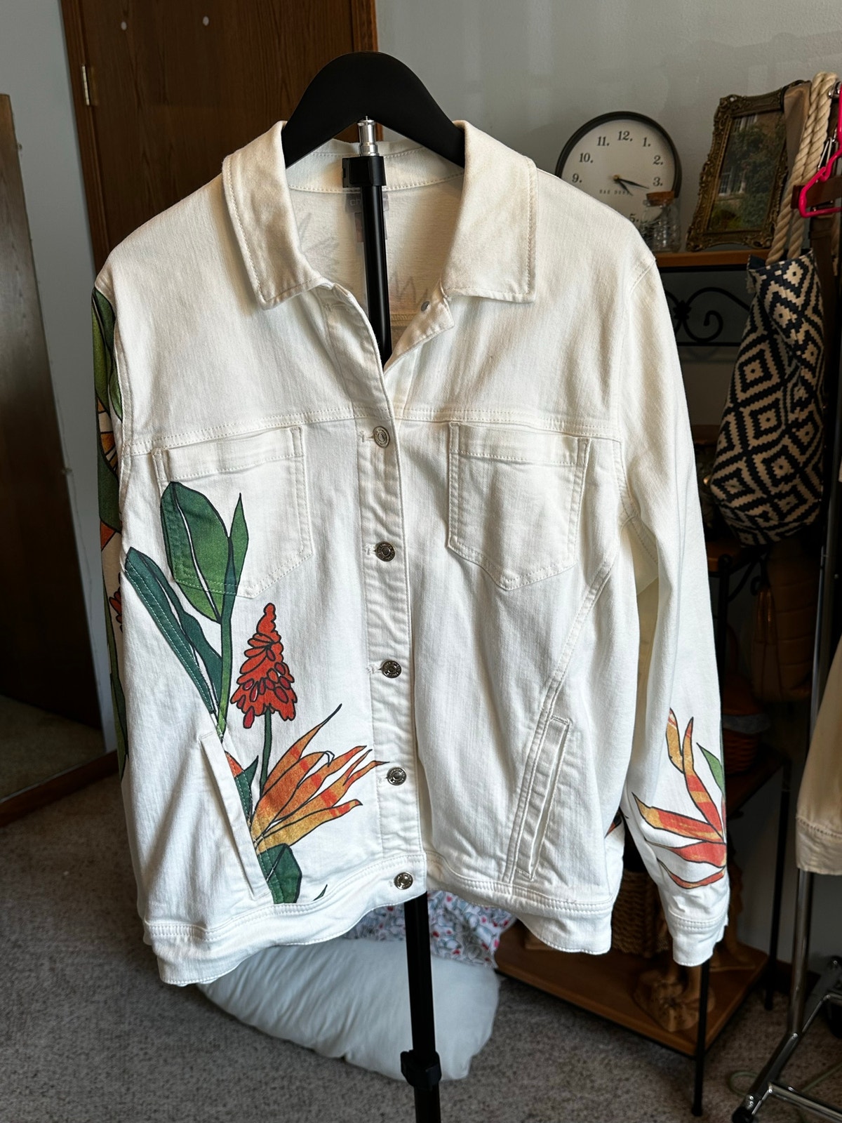 Chico’s Tropical Embellished White Denim Jacket Bird Of Paradise Boho (Us Xl)